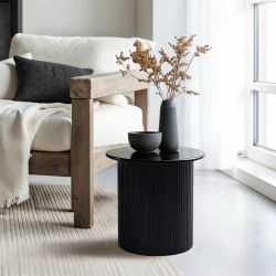Compact size round side table with black fluted fir & MDF wood accent ,IF2235