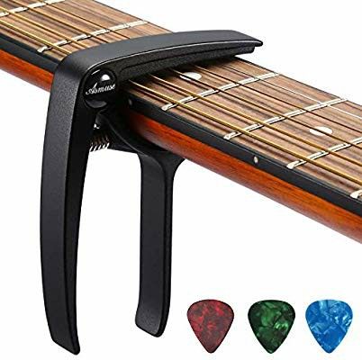Guitar Capo Trigger with 3pcs Guitar Picks Single Hand Use Quick Change Aluminum Alloy Black Capos for Classical Acoustic Electric
