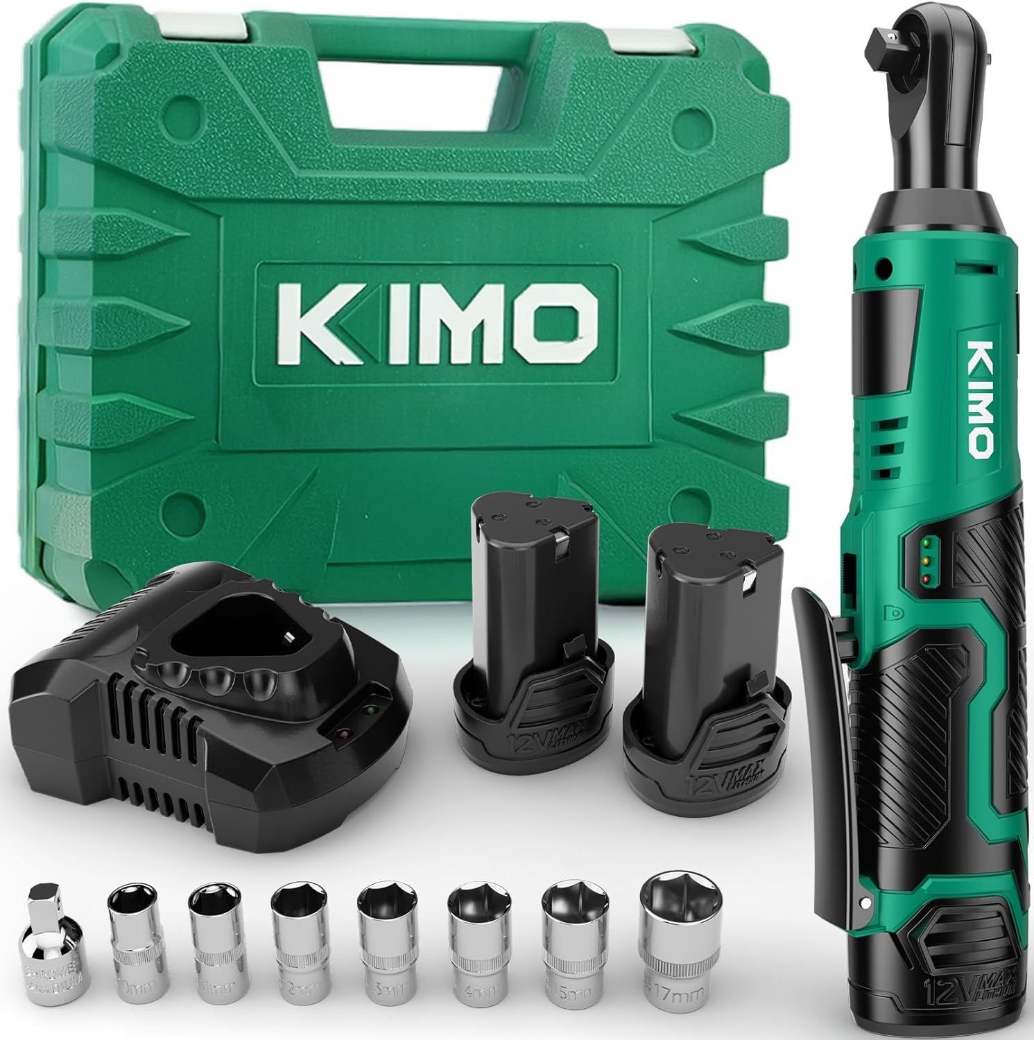 KIMO Cordless Electric Ratchet Wrench Set, 40Ft-lbs, 400RPM, 12V Cordless Ratchet Wrench 3/8" w/Variable Speed Trigger, 7Sockets, 1/4" Adapter, Forwar