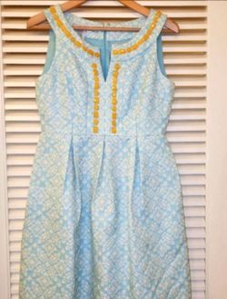 Maggy London Jacquard Aqua & Gold Beaded Fitted Linen Midi Dress