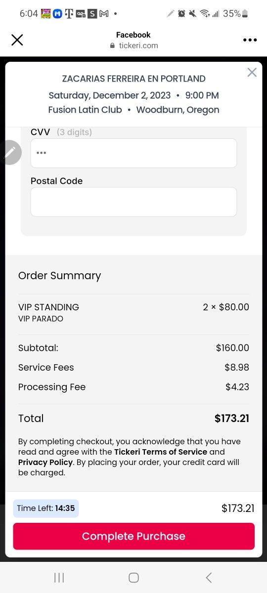 Vendo  2 Tickets VIP parado Para Ver A Zacarias Ferreira Este Sabado 2 De Dic.