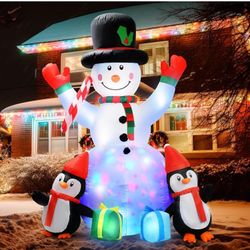6ft Christmas Inflatables Outdoor Decorations Embrace Snowman and Penguins Built-in Colorful Rotating Led Lights Blow Up Snow Man Wear Magic Hat Yard 