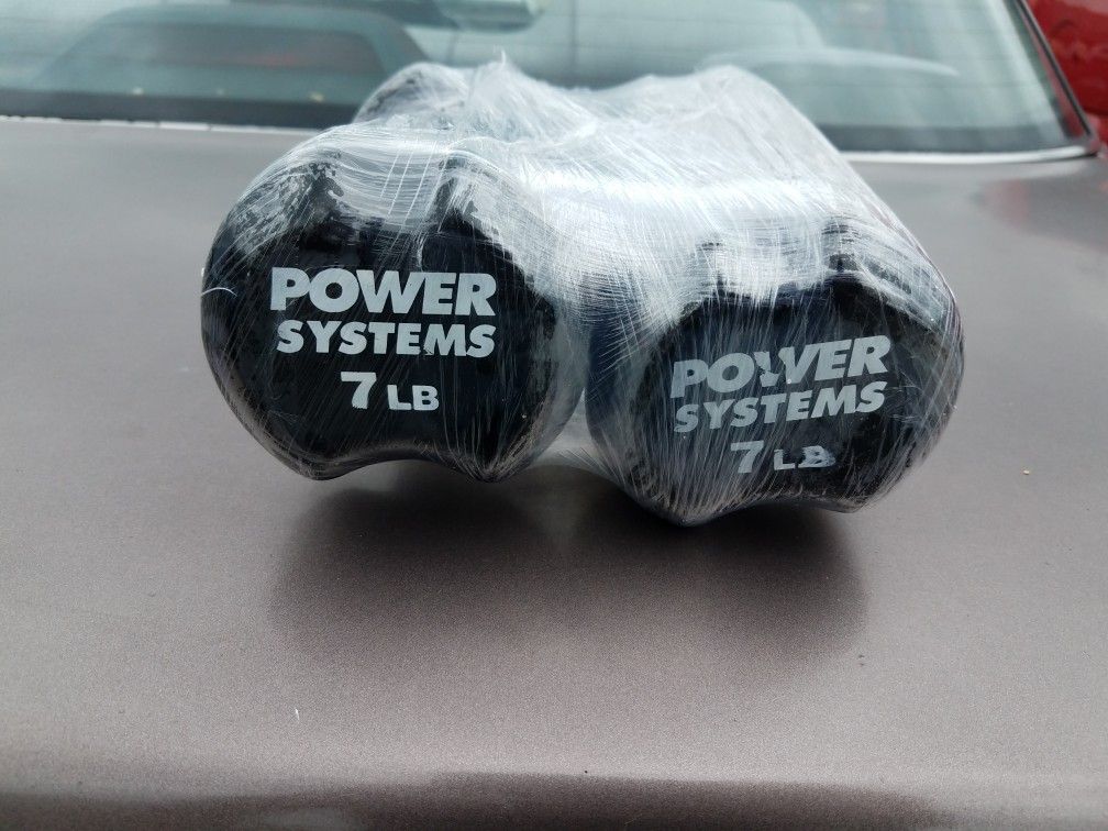 Weights; two 7 lb coated dumbbell weights; goid condition; disinfected and wrapped - $22