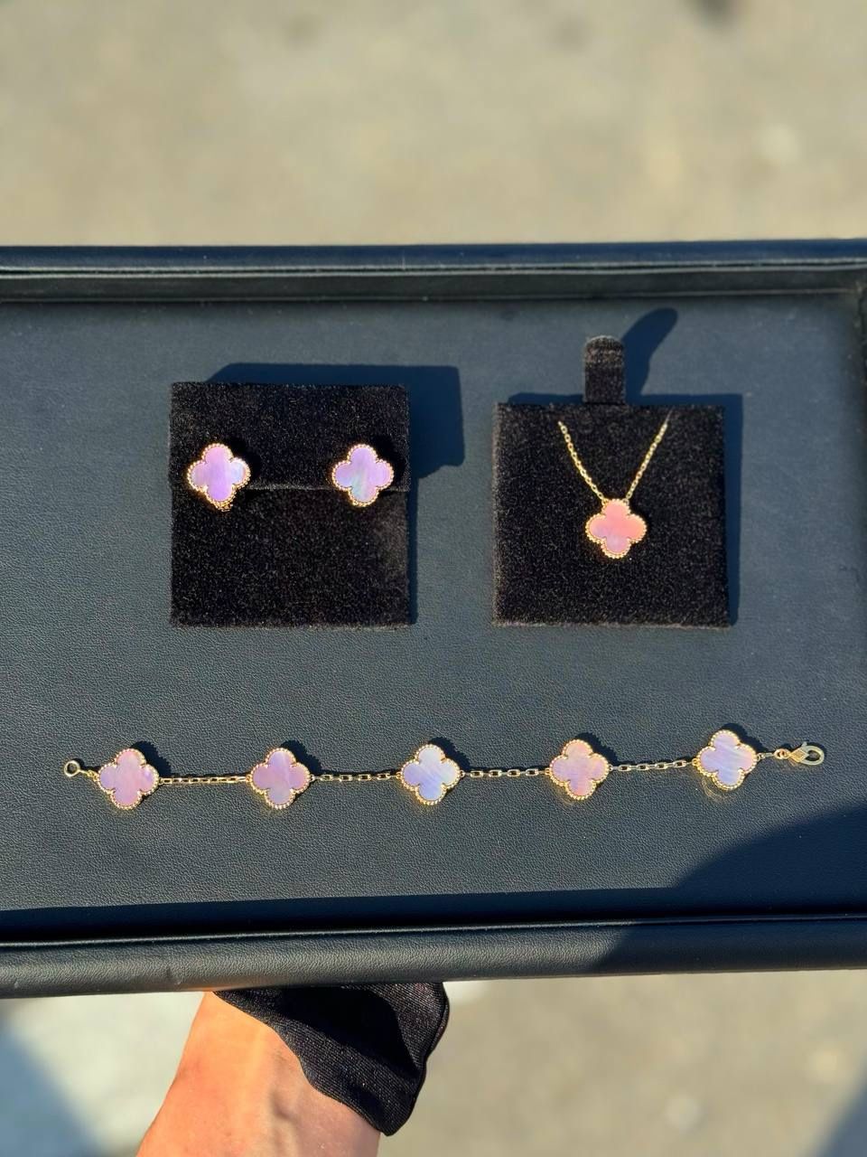 18k yellow gold Van cleef style pink MOP clover shape stone bracelet necklace earrings set