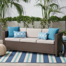 Outdoor Patio Wicker Sofa - Gray with Cream Color Cushions