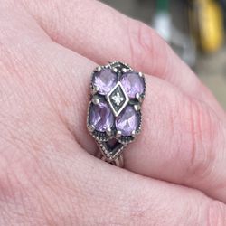 Sterling Silver Genuine Purple Amethyst And Diamond Ring Sz 7
