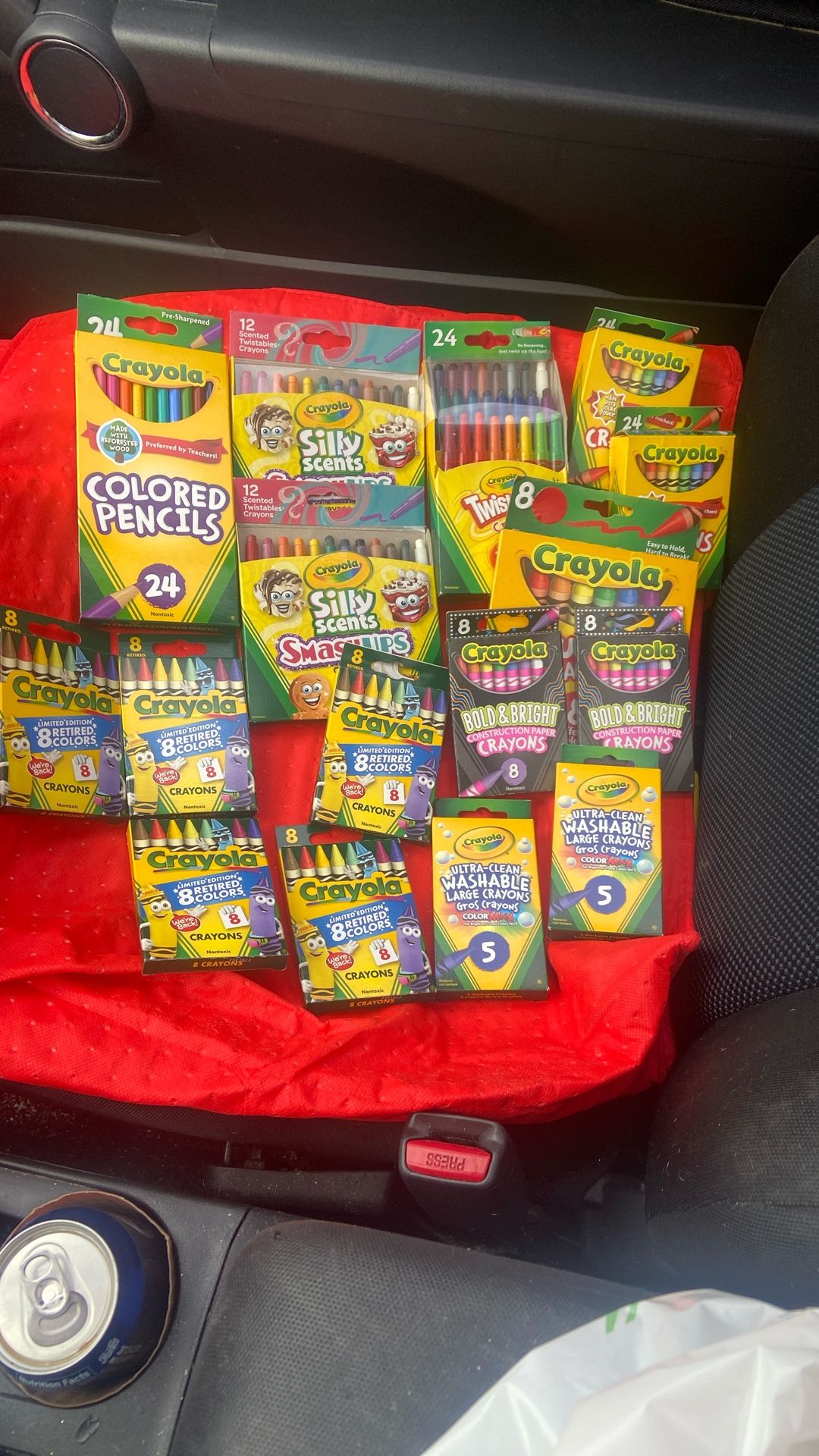 16 new boxes of assorted Crayola crayons markers, 6 Sharpies, aaa energizer batteries 2 packs