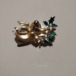Vtg Gold Tone Angel Holding Holly