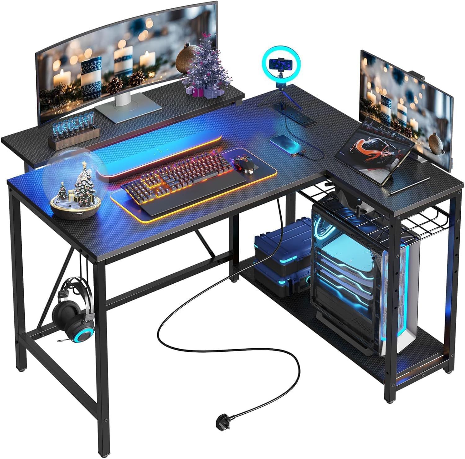 Bestier Gaming Desk with Power Outlets, 42" L-Shaped Computer Desk with LED Lights, Desk with Reversible Storage Shelves & Hooks for Small Spaces, Bed