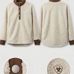 Ariat Women’s XXL Sherpa Fleece Snap Pullover - Cream/Brown - Thumbholes 