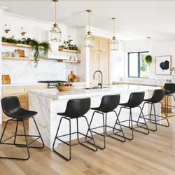 Black Color Swivel Faux Leather Seat Bar Stool Counter Height Metal Frame Bar Stools with Low Back (Set of 6)