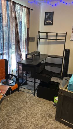 Black L-Shaped Desk with Hutch and Drawers