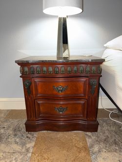 (2) Ornate Wood Nightstands with Marble Top with matching Large Armoire (full set)