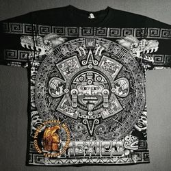 Vintage Aztec Calendar AOP T Front And Back Shirt Mens Large Made In Mexico Mint