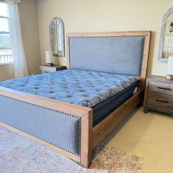 Custom King Bed Frame Rustic Nailhead Upholstered Headboard & Footboard Solid Hardwood