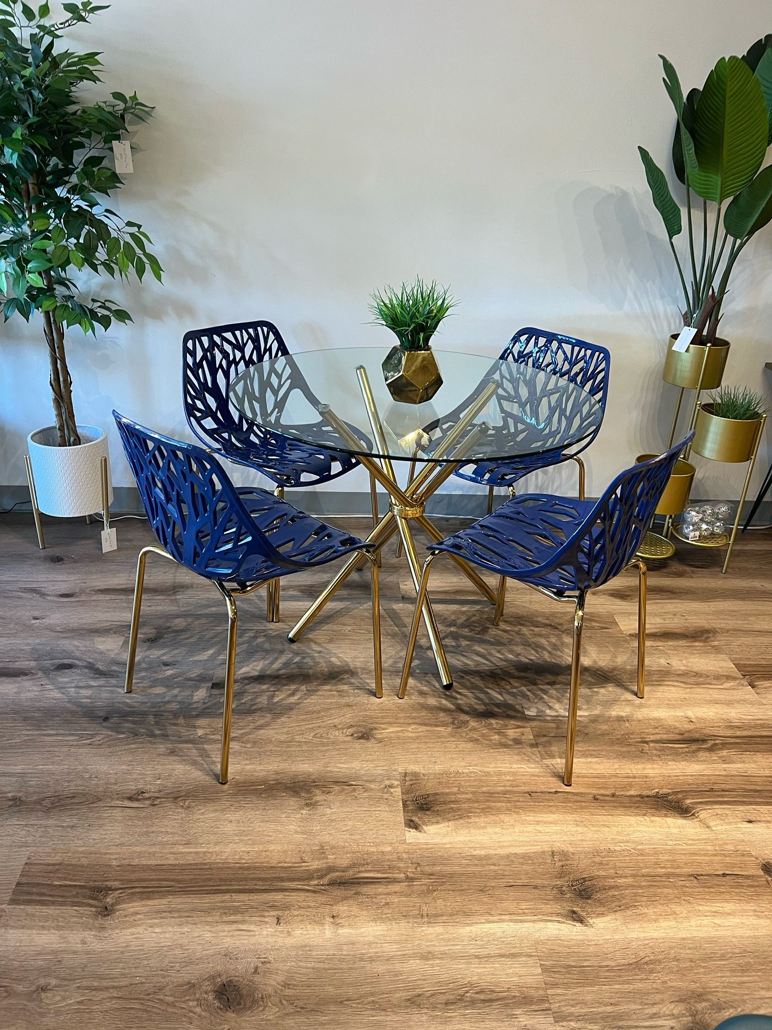 Navy Blue Gold Modern Glass Dining Set 