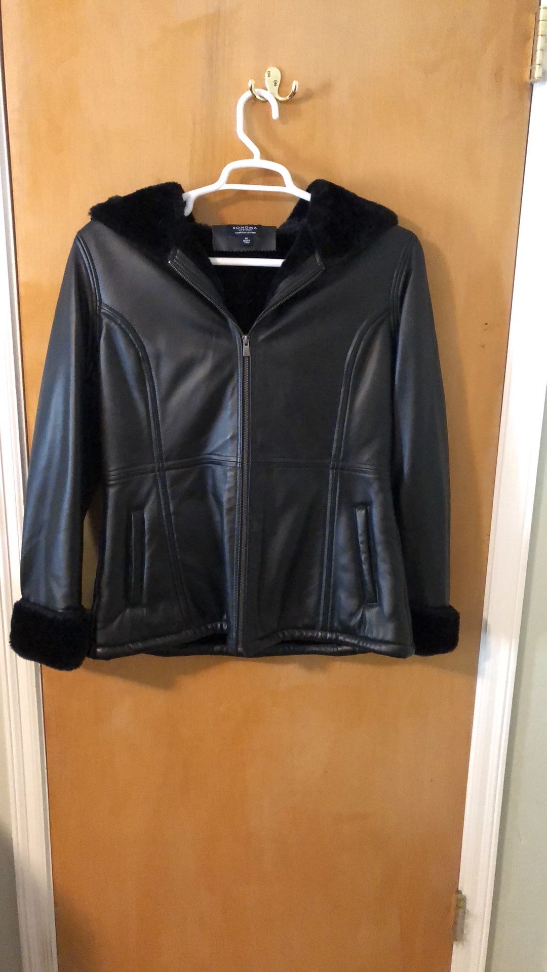 Leather jacket with hood