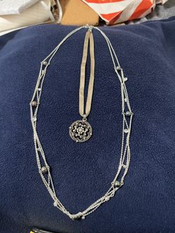 Cookie Lee- Silver Chain/Gray Ribbon Necklace