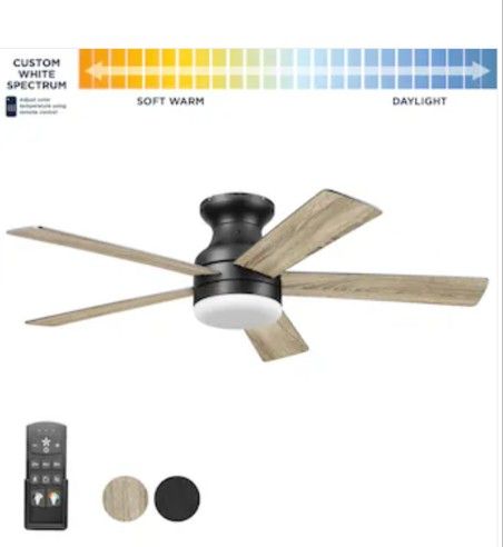 Harbor Breeze Crestwell 52-in Matte Black Color-changing Indoor Flush Mount Ceiling Fan with Light Remote (5-Blade)