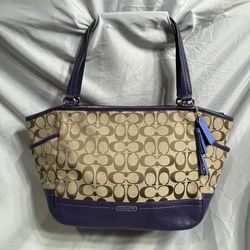 Coach Signature Brown On Khaki With Purple Leather Accent Satchel Carryall Tote ShoulderBag Purse
