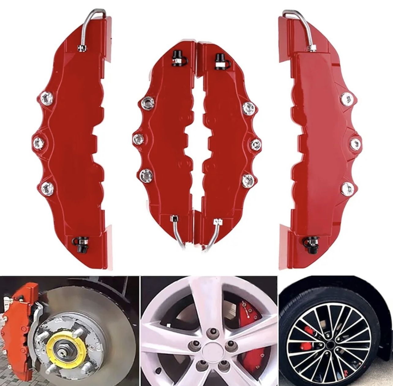 Disc Brake Caliper Covers Front & Rear Wheels Accessories Kit, 4×3D-Car/Auto/Vehicle, color RED