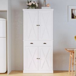 72.6" Tall Kitchen Pantry Storage Cabinet with Barn Doors, Drawer, 4 Adjustable Shelves, Freestanding Cupboard for Dining Room, Living Room, Laundry R