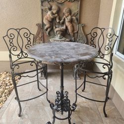 Wrought Iron And Marble Top Table And Chairs