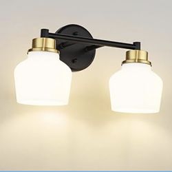 Black and Gold Bathroom Light Fixtures Over Mirror, 2-Light Bathroom Vanity Light with Milk Glass Shade, Modern Farmhouse Vanity Lights for Bath,Mirro