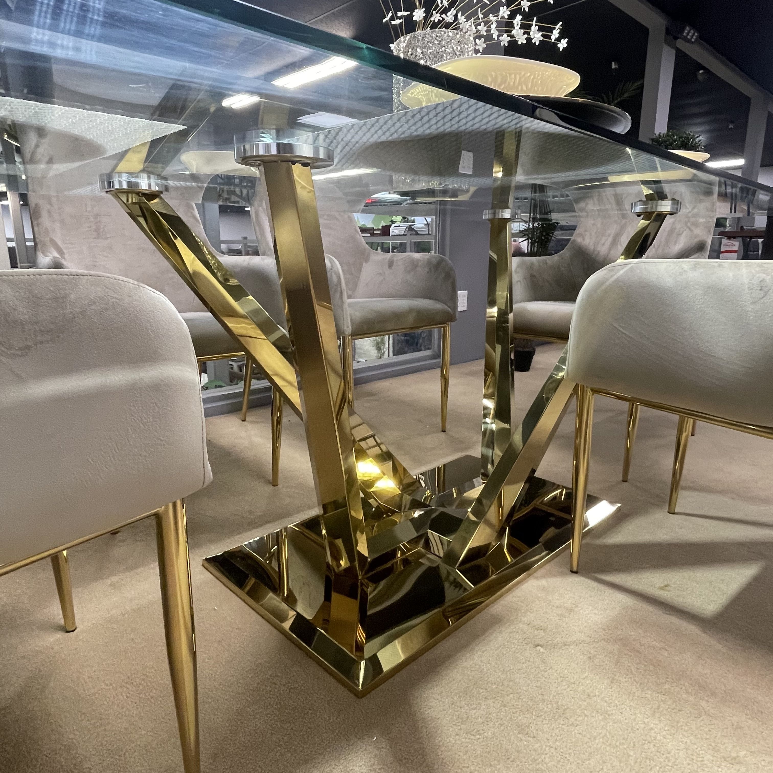 Clear Glass Top & Mirrored Gold Dining Room Set / 7pc