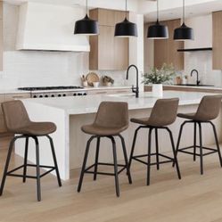 LUE BONA 360° Swivel Bar Stools Set of 4, 26 Inch Counter Height Bar Stools, Modern Faux Leather wit