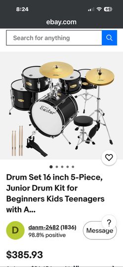 Drum Set 16 inch 5-Piece, Junior Drum Kit for Beginners Kids Teenagers