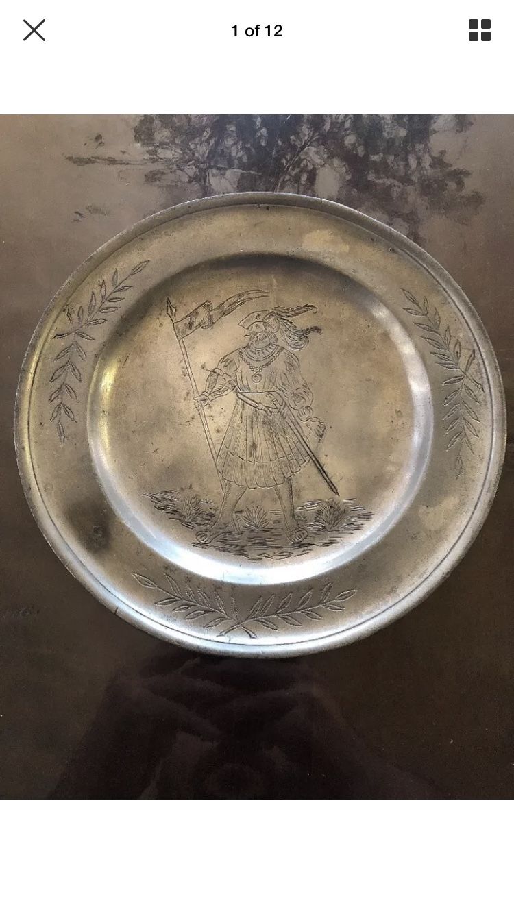 Vintage pewter plate classical theme swordsman