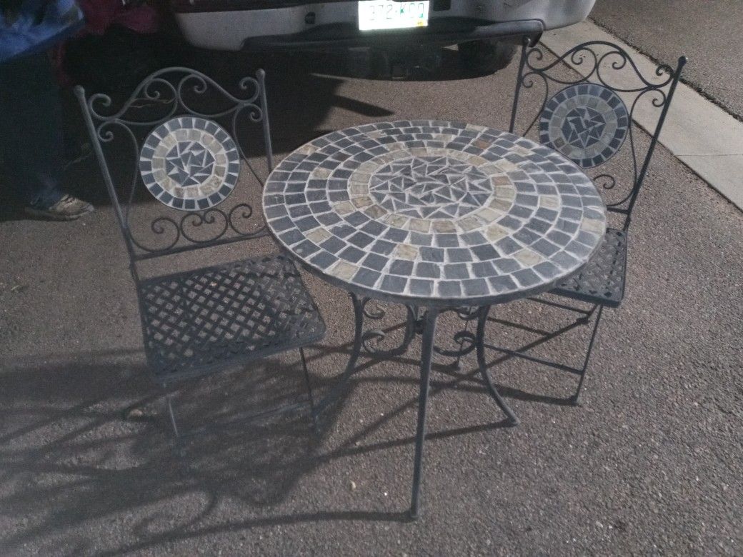 Mosaic Stone and Iron Bistro Table And Chairs