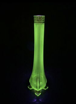 Antique Vintage Uranium Vaseline 11.75” Bohemian Glass Rocket Vase Czech Art Deco