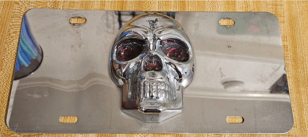 Vintage PILOT 3D Red Eyes Skull License Plate Stainless Steel