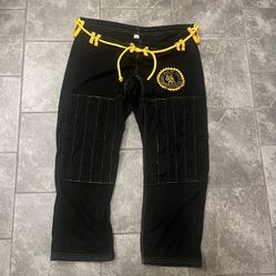 Exercise-Work Out Outfit, Adult 2 Piece Size: 2A, 100% Cotton, “Old Man Jiu Jitsu, Respect Your Elders” with Virgin of Guadalupe on Inner of Coat.