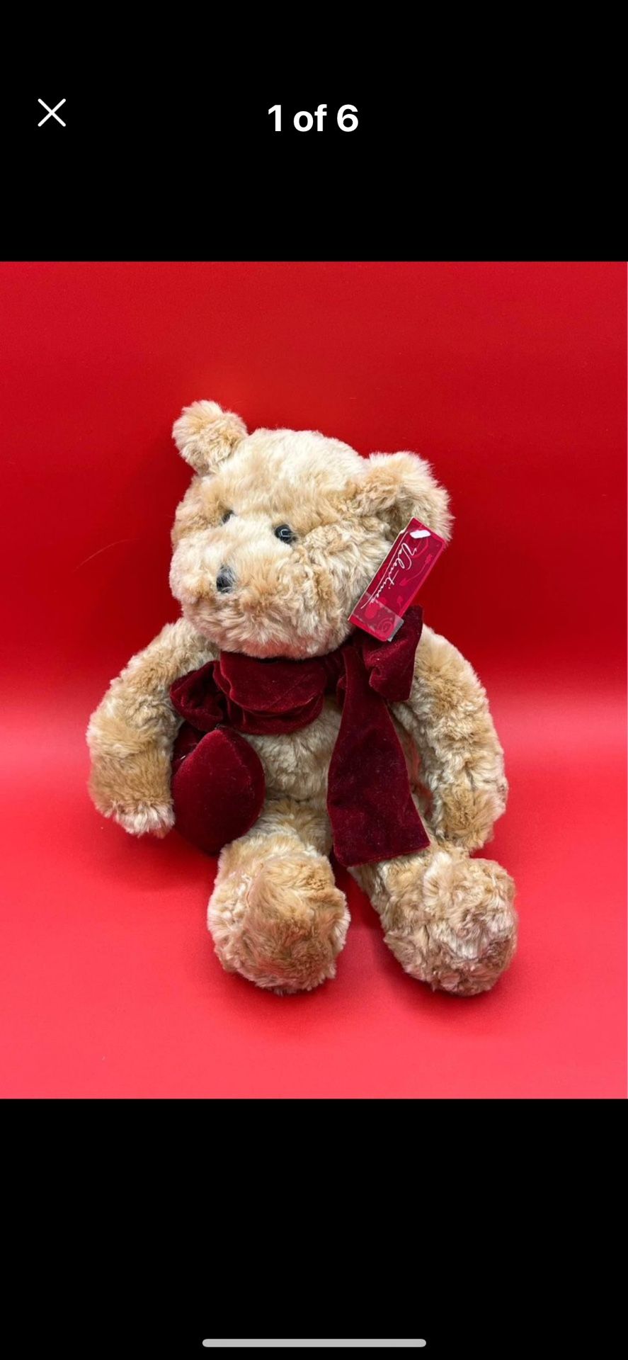 Brown Plush Teddy Bear Red Velvet Bow Tie 