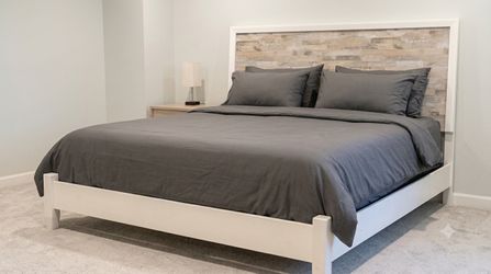 California King Bed Frame with Faux-Wood Paneled Headboard
