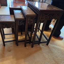 Antique Chinese Carved Figural Nesting Side Tables