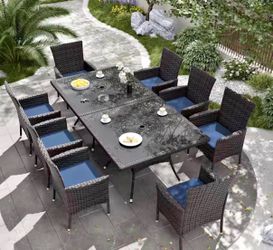 10-Piece Wicker Patio Outdoor Dining Set with Glass Tabletop