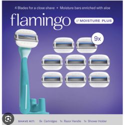 Flamingo Moisture Plus Women's Razor Set with 9 cartridges and a shower holder.