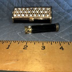 Vtg Paul Flato Compact, Lipstick Tube, & Carry Case Rhinestone Accents