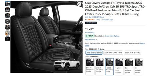  Toyota Tacoma Full Set Car Seat Covers Double Cab 2005-2023 Black