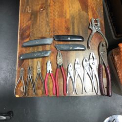 Lot Of Pliers Box Cutters & A Paper Hole Punch 