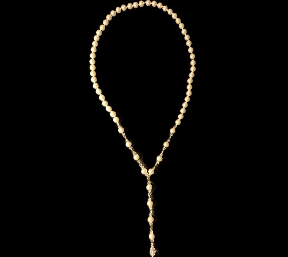 New Design, Faux Pearl And Crystal Beads Golden Tone Long Necklace, 24” Chain, 4” Pendant