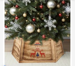 Natural Wooden Christmas Tree Base Cover - 30.7" Hexagon Skirt for Artificial Trees 4 to 8 Feet Tall