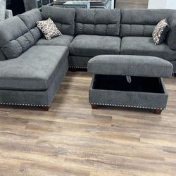 Brand New Grey Velvet Like Sectional Sofa Couch +Storage Ottoman 