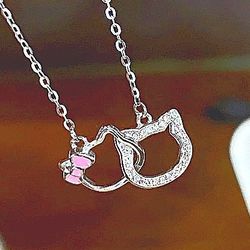 Hello Kitty Crystal Double Ring Chain Pendant Necklace 