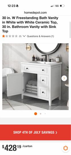 30 in. W Freestanding Bath Vanity in White with White Ceramic Top, 30 in. Bathroom Vanity with Sink Top