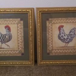 Set Of 2 Exotic Chicken Rooster Gold Framed Art Prints Country Home Decor Zebra Cheetah
